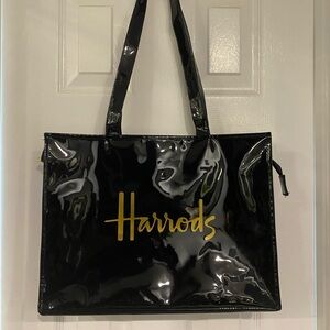 Harrods Glossy Black Tote with Gold Logo